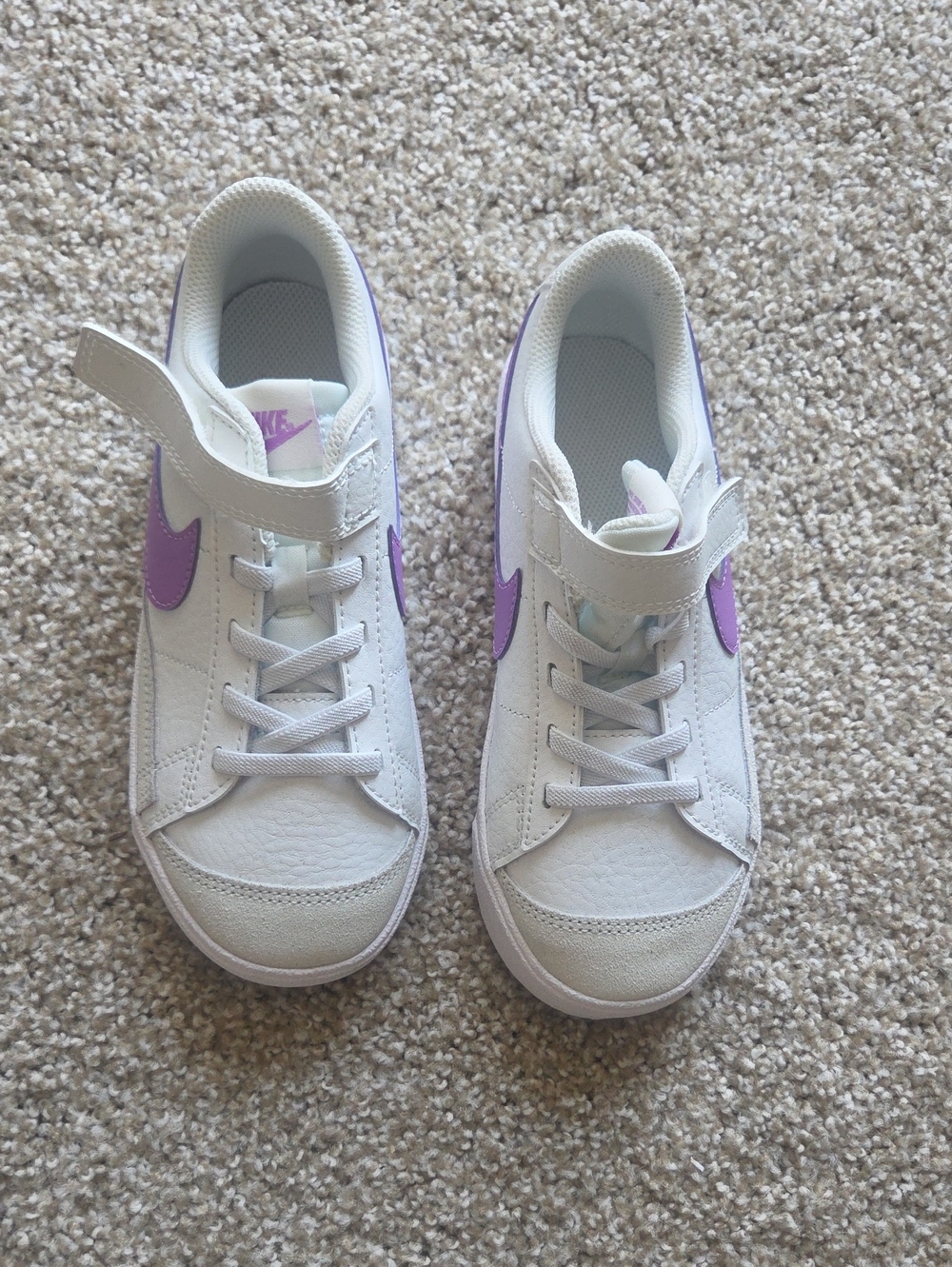 Nike Kids White Sneakers with Purple Swoosh and Strap